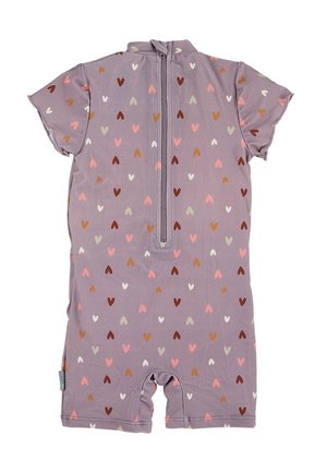 Kurzärmeliger, lavendelfarbener Playsuit mit kleinen, mehrfarbigen Herzen, ausgestattet mit einem Reißverschluss im Rücken und einem Shorts-Schnitt. Glatter Stoff mit angenehmer Textur.