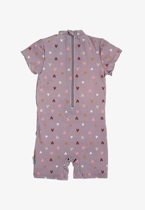 Short-sleeve, lavender playsuit with small multicolored hearts, featuring a back zipper and a shorts cut. Smooth fabric texture.