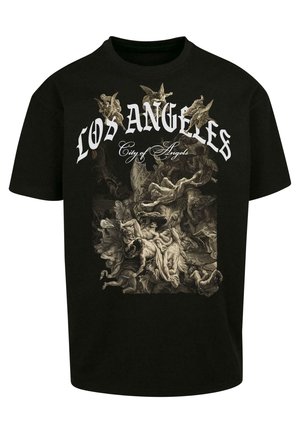Sort bomulds T-shirt med et detaljeret grafisk print i beige, der viser kaotiske klassiske scener. Teksten siger "LOS ANGELES City of Angels."