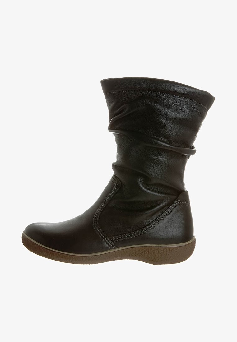 Black leather ankle boot with a slouchy shaft, rubber sole, and contrasting stitching. Features a smooth texture and rounded toe.