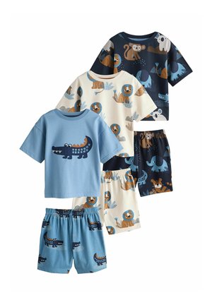 Kinder-Schlafanzug-Set aus fünf Teilen: weiche Baumwolle mit Tiermotiven (Krokodil, Löwe, Elefant) in Blau-, Marine- und Cremefarben. Shorts inklusive.