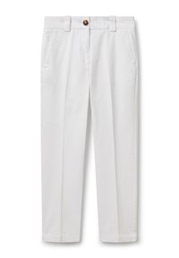 Pantaloni bianchi a gamba dritta con tasche frontali, passanti per la cintura e una singola chiusura con bottone marrone in vita.