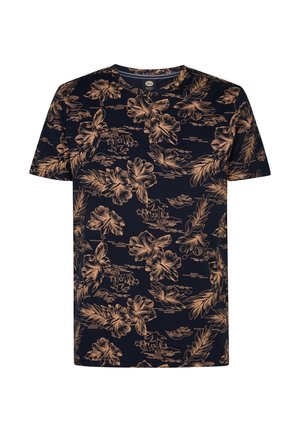 T-Shirt in cotone navy con motivo floreale in marrone chiaro, maniche corte e scollatura a girocollo.