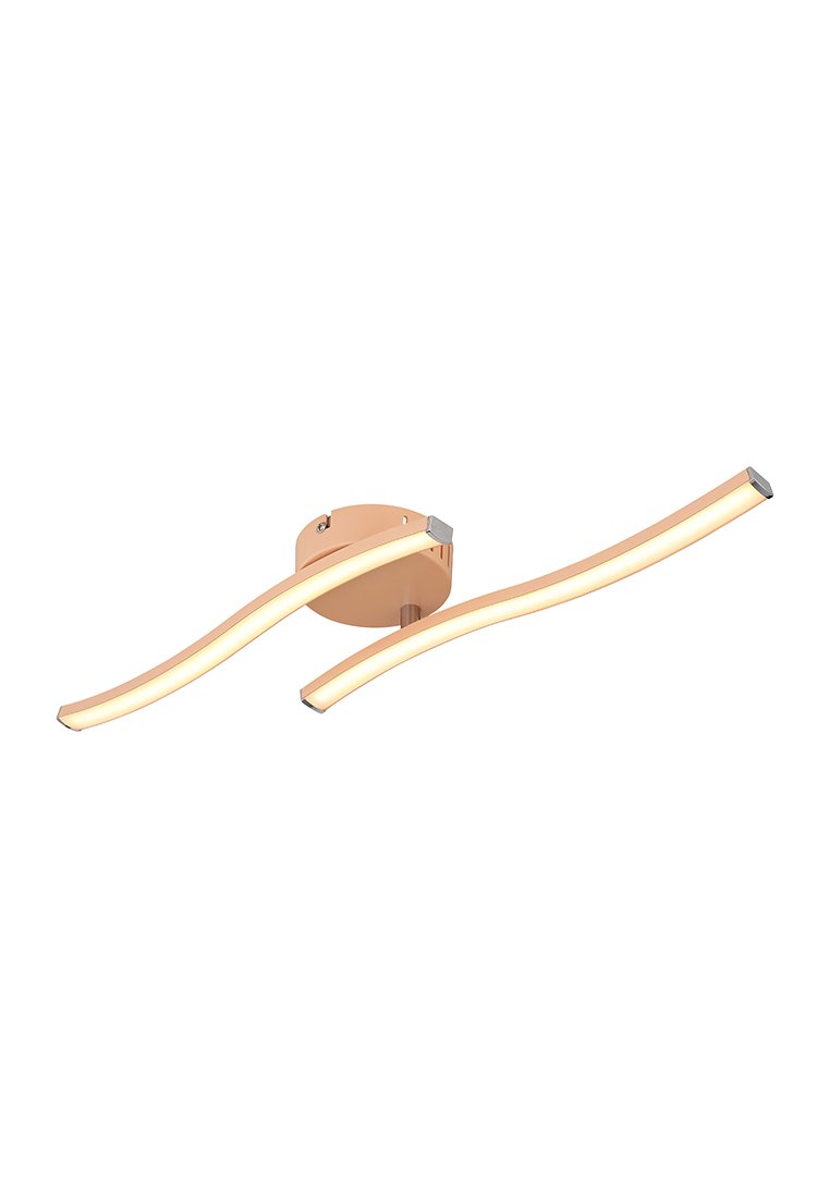 Lampada da soffitto a LED con base rotonda in rosa oro. Presenta due strisce di luce bianche curve e finiture argentate per un design moderno.