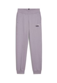 Pantalones de chándal color lila fabricados en un tejido suave, con una cintura elástica, bolsillos laterales y un logo de Puma en blanco en el muslo izquierdo.