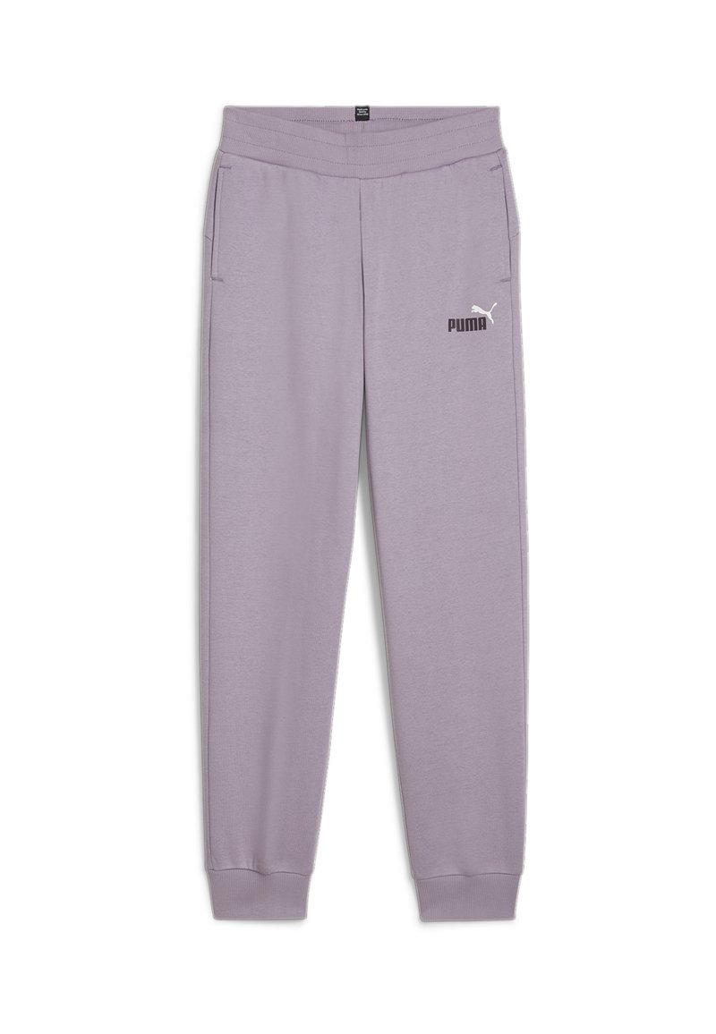 Pantalones de chándal color lila fabricados en un tejido suave, con una cintura elástica, bolsillos laterales y un logo de Puma en blanco en el muslo izquierdo.
