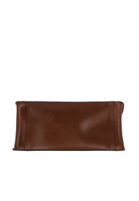 Borsa rettangolare in pelle marrone con texture liscia e cuciture visibili lungo i bordi, mostrata distesa su uno sfondo bianco.