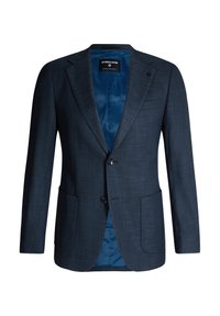 Mannen donkerblauwe op maat gemaakte blazer met twee voorzakken, notched revers, twee knopen en een gladde satijnen voering.