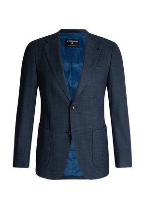 Men's dark blue tailored blazer with two front pockets, notch lapels, two buttons, and smooth satin inner lining.