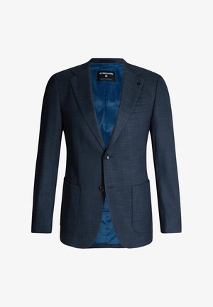 Mannen donkerblauwe op maat gemaakte blazer met twee voorzakken, notched revers, twee knopen en een gladde satijnen voering.