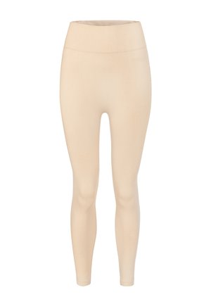 Beige leggings made from stretchy fabric. High waistband with a smooth texture. Slim, fitted design tapering at the ankles.
