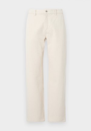 Beige gerade geschnittene Jeans aus Baumwolle, mit einem Knopfverschluss, Gürtelschlaufen und einer schlichten Textur ohne Muster.