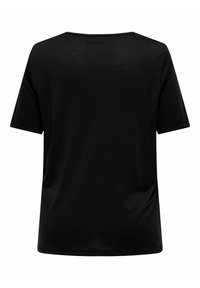 Svart kortärmad t-shirt med avslappnad passform, rund halsringning och mjukt tyg. Har en jämn textur och en enkel design utan utsmyckningar.