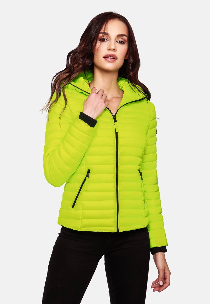 Bright green puffer jacket with a zippered front, black accents at cuffs, and two side pockets, featuring a hood and quilted texture.