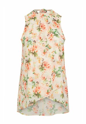 Top senza maniche con scollo arricciato, stampa floreale in tonalità pesca e verde. Tessuto morbido con orlo asimmetrico e texture liscia.