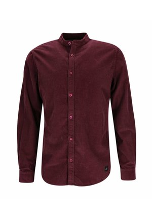 Burgundy corduroy shirt with a band collar, long sleeves, and pink buttons. Features a chest pocket and a black label at the side.