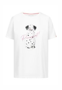 Witte katoenen t-shirt met een afbeelding van een hond met een zwarte halsband, omringd door een patroon van zwarte harten. De tekst zegt "Pusscat!" in het roze.