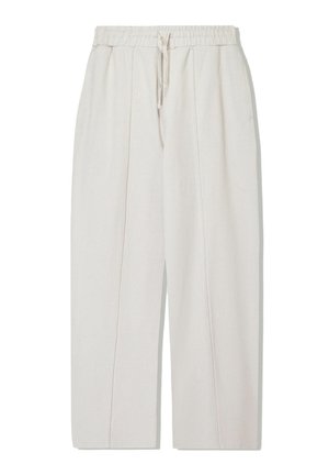 Light beige wide-leg pants made of soft fabric, featuring an elastic waistband with drawstring, two side pockets, and front pleats.