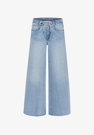 Šviesiai mėlynos plataus kirpimo džinsai su raišteliu, keturiomis kišenėmis ir nusidėvėjusiais kraštais. Pagaminti iš lygaus džinsinio audinio.