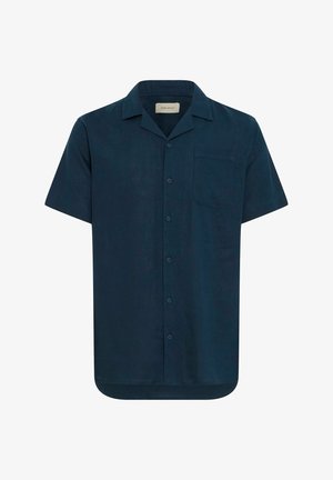 Navy short-sleeve shirt in a lightweight fabric, featuring a button-down front, collar, and a single chest pocket. Smooth texture.