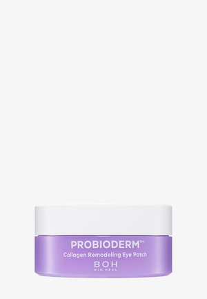 Petit pot violet avec couvercle blanc étiqueté Probioderm Collagen Remodeling Eye Patch de Bio Heal sur fond blanc.