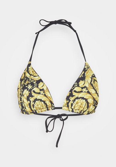 Μαύρο τοπ μπικίνι με κίτρινο λουλουδάτο μοτίβο, τριγωνικά cups, ρυθμιζόμενοι δεσμοί στον λαιμό και την πλάτη, απαλή υφή υφάσματος.