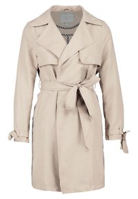 Beżowy trencz z paskiem w talii, kołnierzem z wycięciem i wiązaniem na rękawach. Wykonany z lekkiego materiału o gładkiej fakturze.