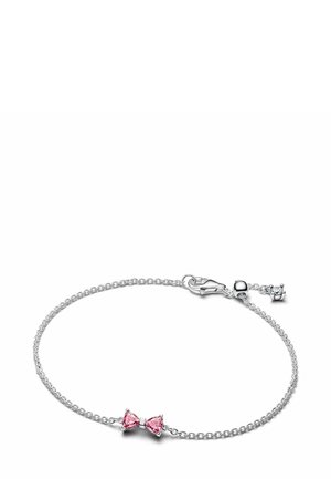 Silberarmband mit einer zarten Kette und einem schleifenförmigen Akzent mit zwei rosa Edelsteinen in der Mitte, gesichert mit einem Karabinerverschluss.