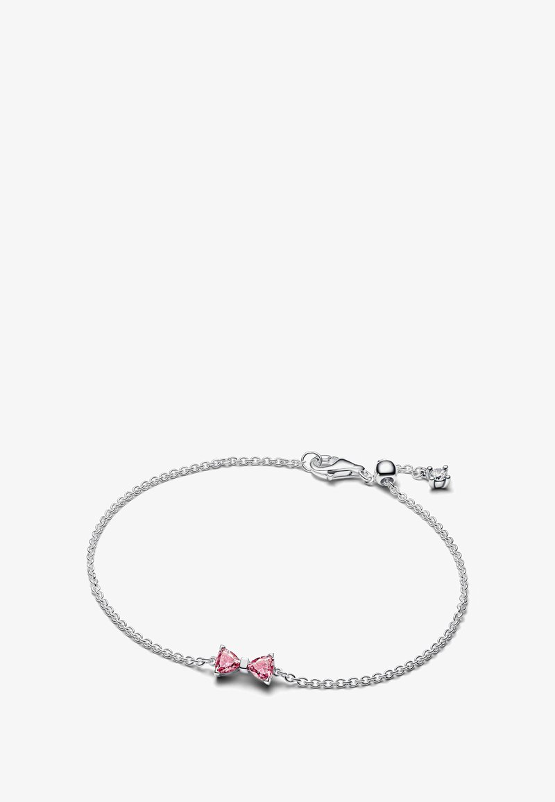 Bracciale d'argento con una delicata catena e un accentuazione a forma di fiocco con due gemme rosa al centro, chiuso con un gancio a molla.