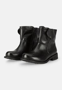 Black leather ankle boots with a rounded toe, side zipper, and a slightly textured sole; feature a low stacked heel and soft lining.