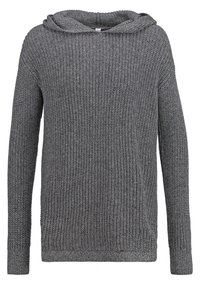 Grijze gebreide hoodie met een losse pasvorm, voorzien van een ribbelstructuur, brede halslijn en lange mouwen. Geen sluiting of zakken zichtbaar.