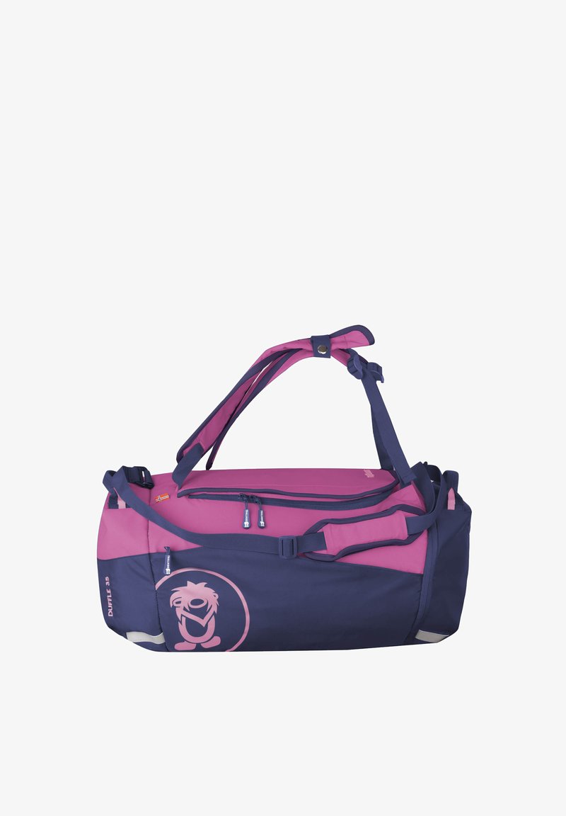 Duffle bag in pink and navy, made of durable fabric. Features a lion logo, adjustable straps, and multiple zippers for storage.