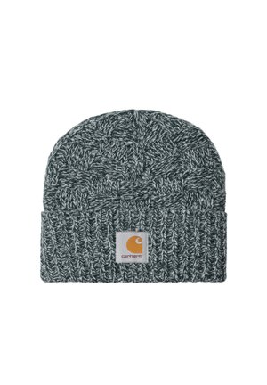 Gorro de punto gris con un patrón texturizado, que presenta un puño acanalado doblado y un parche de logo cuadrado en naranja y blanco.