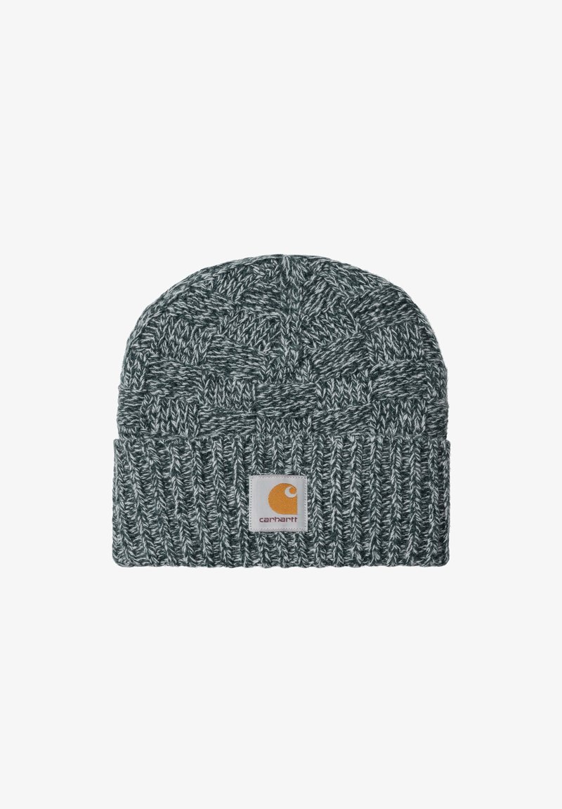 Gorro de punto gris con un patrón texturizado, que presenta un puño acanalado doblado y un parche de logo cuadrado en naranja y blanco.