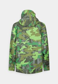 Green camouflage jacket with a hood, featuring various shades of green and textured patterns, made of a smooth, lightweight material.