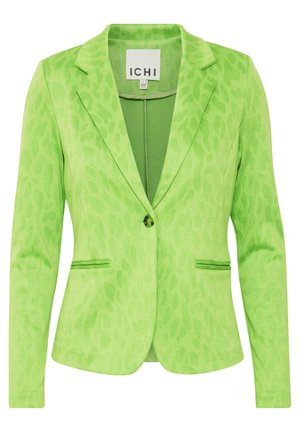 Green blazer with a textured leopard print pattern, featuring a notched collar, two front pockets, and a single button closure.