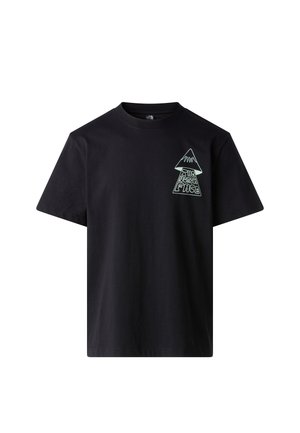 Schwarzes T-Shirt mit kurzen Ärmeln, einem kleinen weißen Umriss eines Berges und dem "The North Face"-Logo auf der linken Brust.