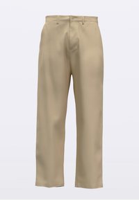 Beežid püksid sirge jala lõikega, millel on nööpidega kinnis ja sile tekstuur. Silma torkavaid mustreid ega kaunistusi ei ole.