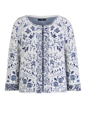 Floral-patterned cardigan with a round neckline, button closure, and three-quarter sleeves in blue and white knit fabric.