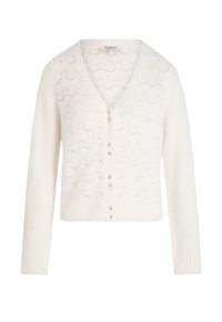 Cardigan bianco lavorato a maglia con scollatura a V, maniche lunghe e motivo zigzag decorativo. Presenta sei bottoni lungo la parte anteriore e orlo a coste.