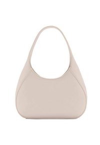 Beige læderhåndtaske med en buet silhuet, enkelt skulderrem og glat tekstur. Sømløs design med minimal hardware.