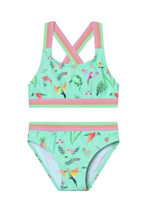 Dwuczęściowy strój kąpielowy w kolorze mięty, z kolorowymi wzorami ptaków i kwiatów. Posiada elastyczne paski i pas w paski.