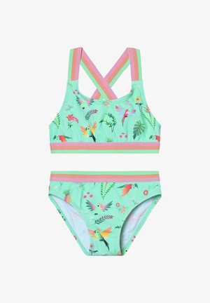 Zweiteiliger Bademode-Set mit mintgrünem Oberteil und Unterteil, verziert mit bunten Vogel- und Blumenmustern. Gestreifte elastische Träger und Bund sind vorhanden.