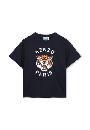 T-shirt noir à manches courtes avec un visage de tigre rugissant et le texte "KENZO PARIS" imprimé en blanc autour du tigre.