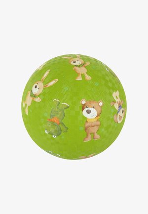 Grüner Gummiball mit strukturierter Oberfläche, verziert mit bunten Tierillustrationen, darunter ein Bär, ein Kaninchen und ein Frosch, gleichmäßig verteilt.