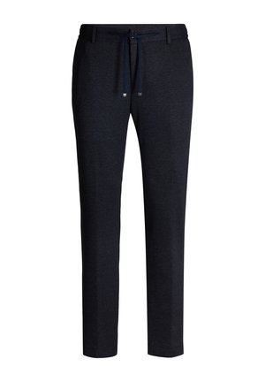 Pantaloni blu navy con vestibilità dritta, vita elasticizzata e coulisse. Realizzati in un tessuto morbido e strutturato con un motivo sottile.
