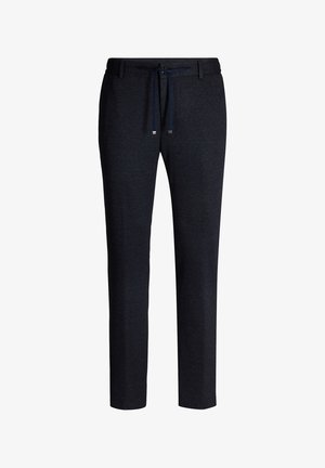 Navy trousers with a straight fit, elastic waistband, and drawstring. Made from a soft, textured fabric with a subtle pattern.