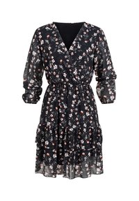 Melns ziedu raksta iesaiņojamais kleita ar garām piedurknēm, elastīgu vidukli un volānu apakšu, ar maziem baltajiem un rozā ziediem.