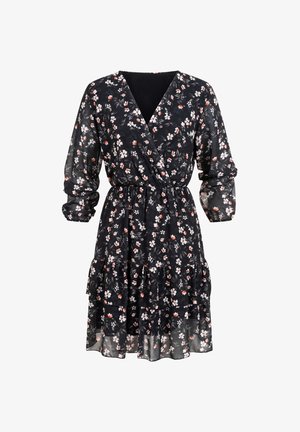 Musta kukkakuvioinen kietaisumekko, jossa on pitkät hihat, joustava vyötärö ja röyhelöhelma. Mekossa on pieniä valkoisia ja vaaleanpunaisia kukkia.