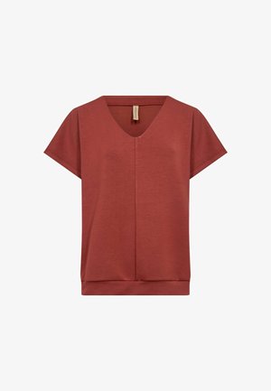 Rostrote Kurzarmbluse mit V-Ausschnitt und geradem Schnitt. Aus weichem Stoff gefertigt, verfügt sie über eine Mittelnahtdetails vorne und hat eine lockere Passform.